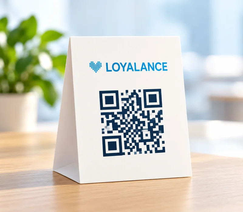 Kafe masasının üzərində Loyalance loqolu nümunə QR stendi